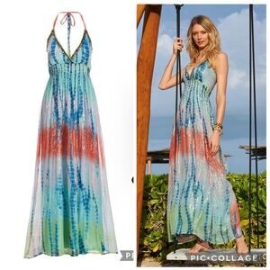 NWT Boston Proper Maxi Dress Halter Tie Dye Metallic Shimmer XS Low V-Neck Boho